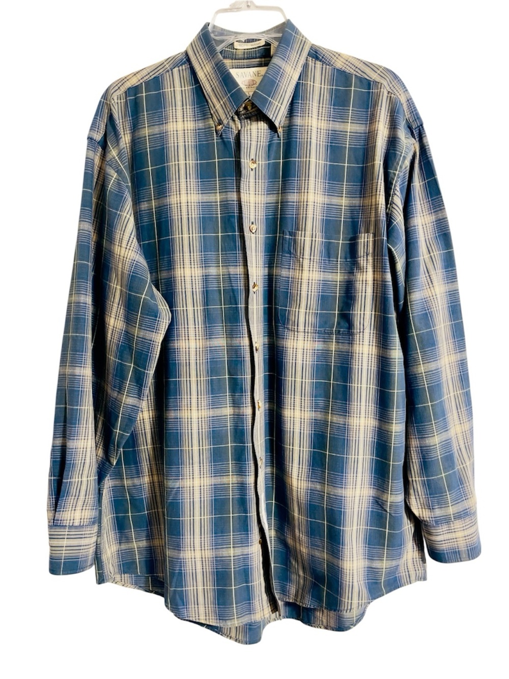 Savane Men’s Button Down Shirt Blue Tartan Plaid Cotton No-Wrinkle Sz L Vintage